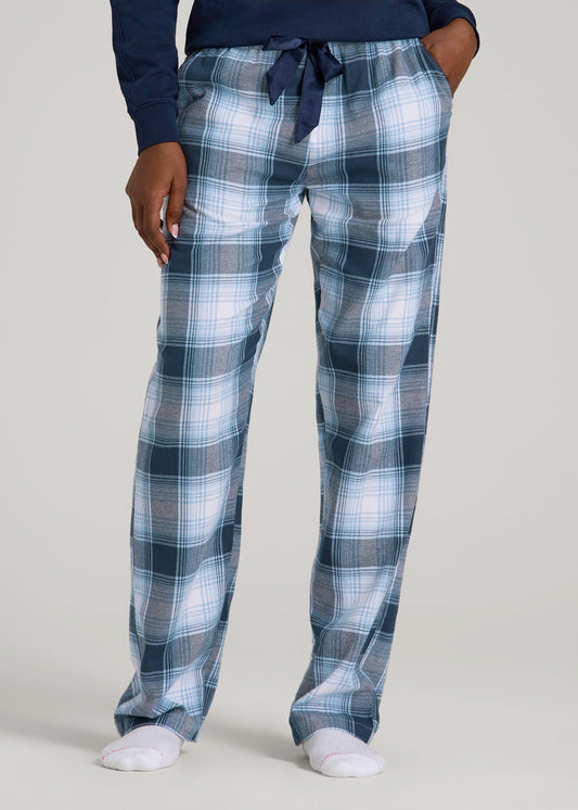 American Tall Women Tie Waist Flannel Pajama Pants for Tall Women in Blue and White Plaid