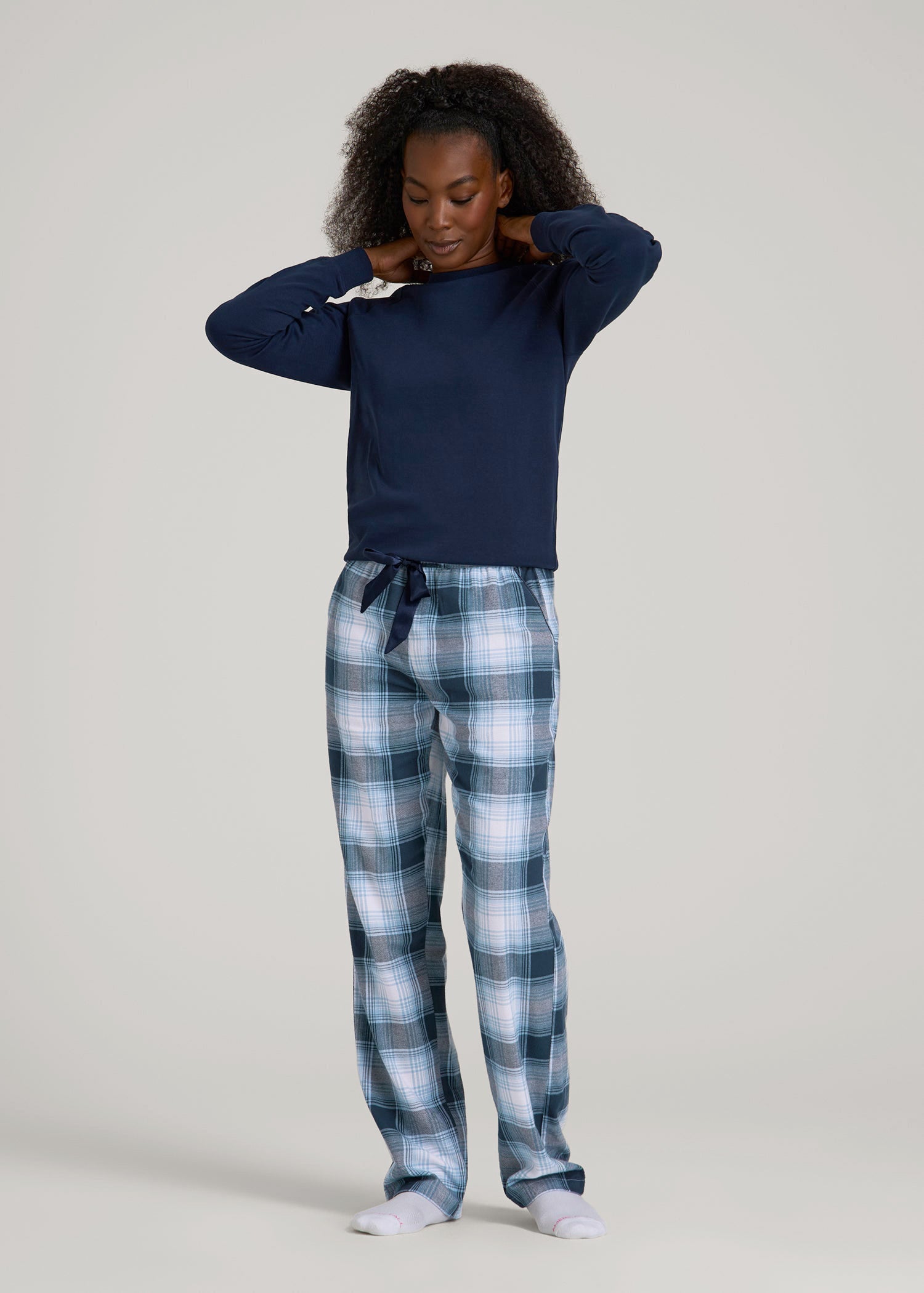 American Tall Women Tie Waist Flannel Pajama Pants for Tall Women in Blue and White Plaid