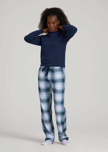 American Tall Women Tie Waist Flannel Pajama Pants for Tall Women in Blue and White Plaid