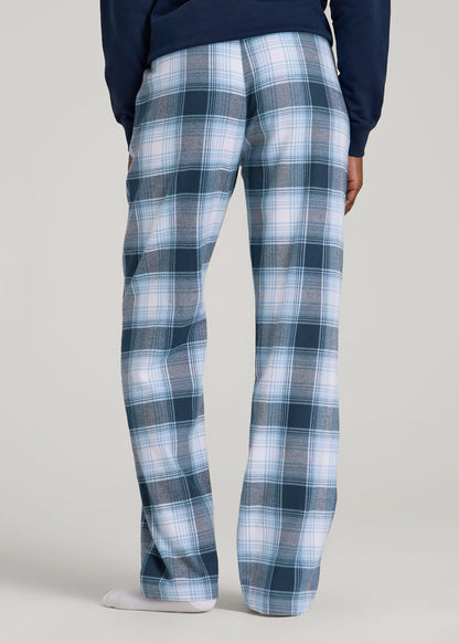 American Tall Women Tie Waist Flannel Pajama Pants for Tall Women in Blue and White Plaid