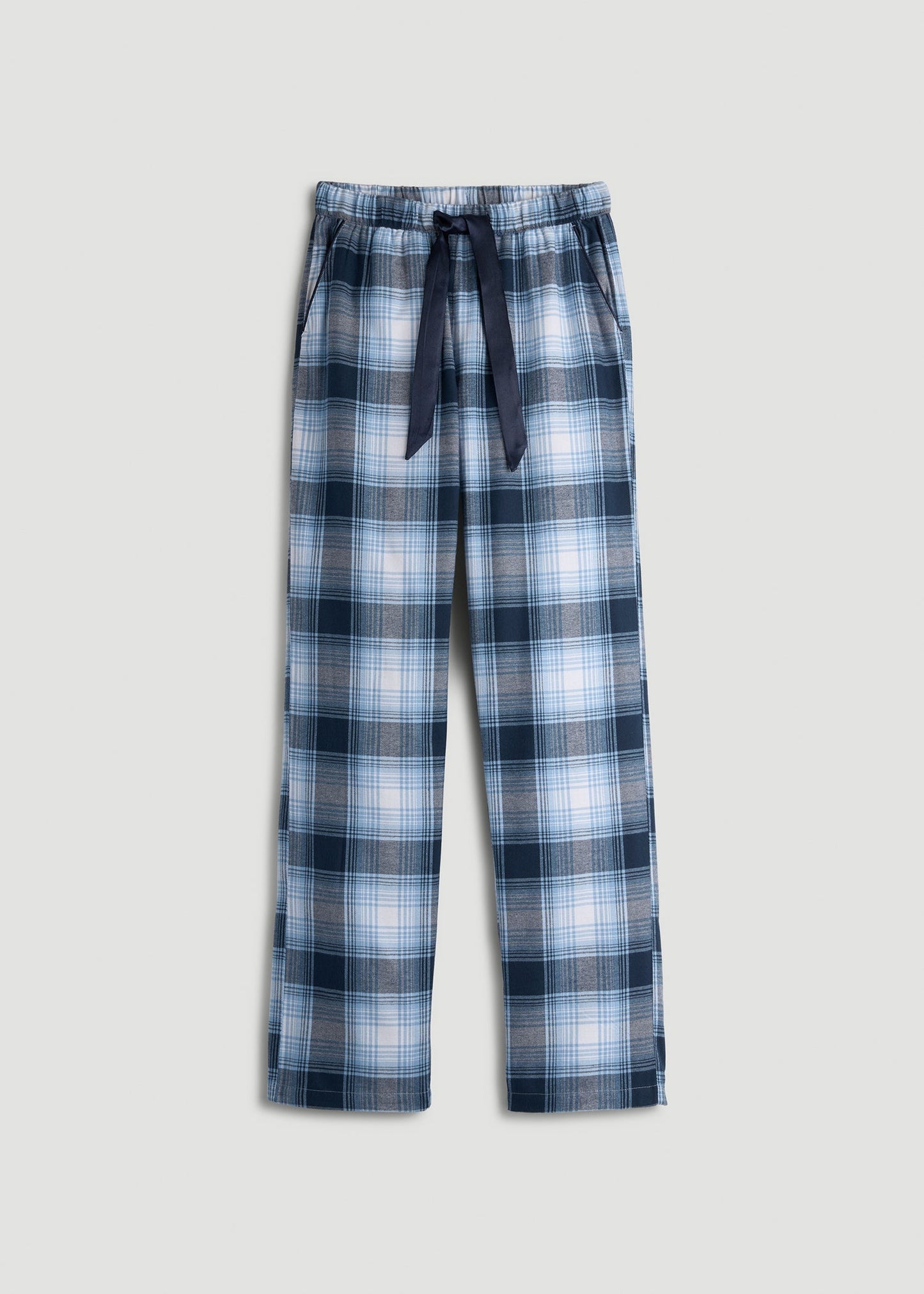 American Tall Women Tie Waist Flannel Pajama Pants for Tall Women in Blue and White Plaid