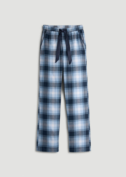 American Tall Women Tie Waist Flannel Pajama Pants for Tall Women in Blue and White Plaid