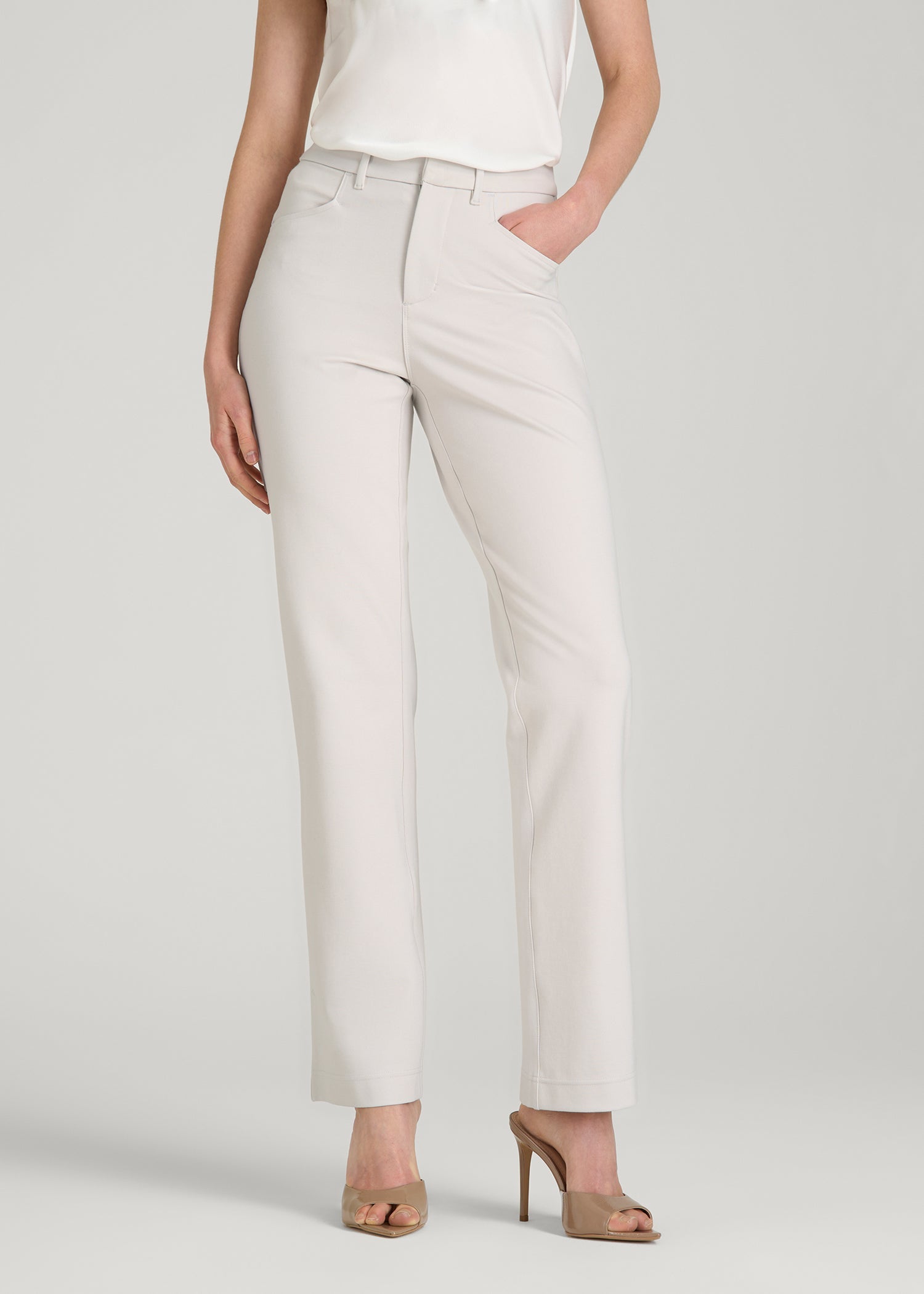 American Tall Women Soft Flex Ponte Straight Leg Pants for Tall Women in White Sand