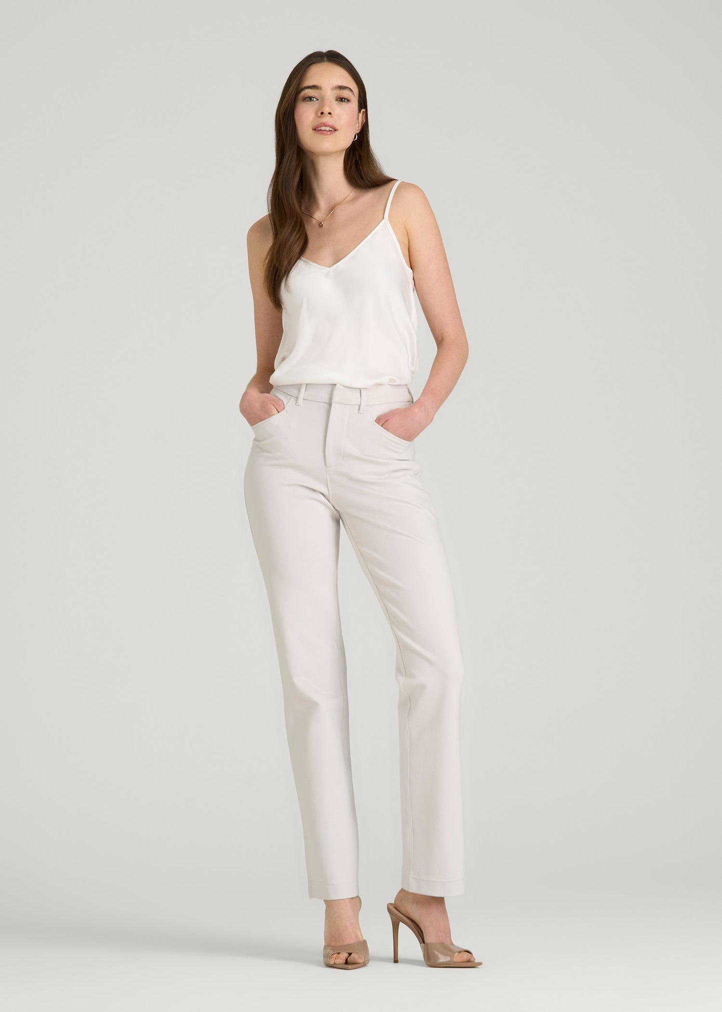 American Tall Women Soft Flex Ponte Straight Leg Pants for Tall Women in White Sand