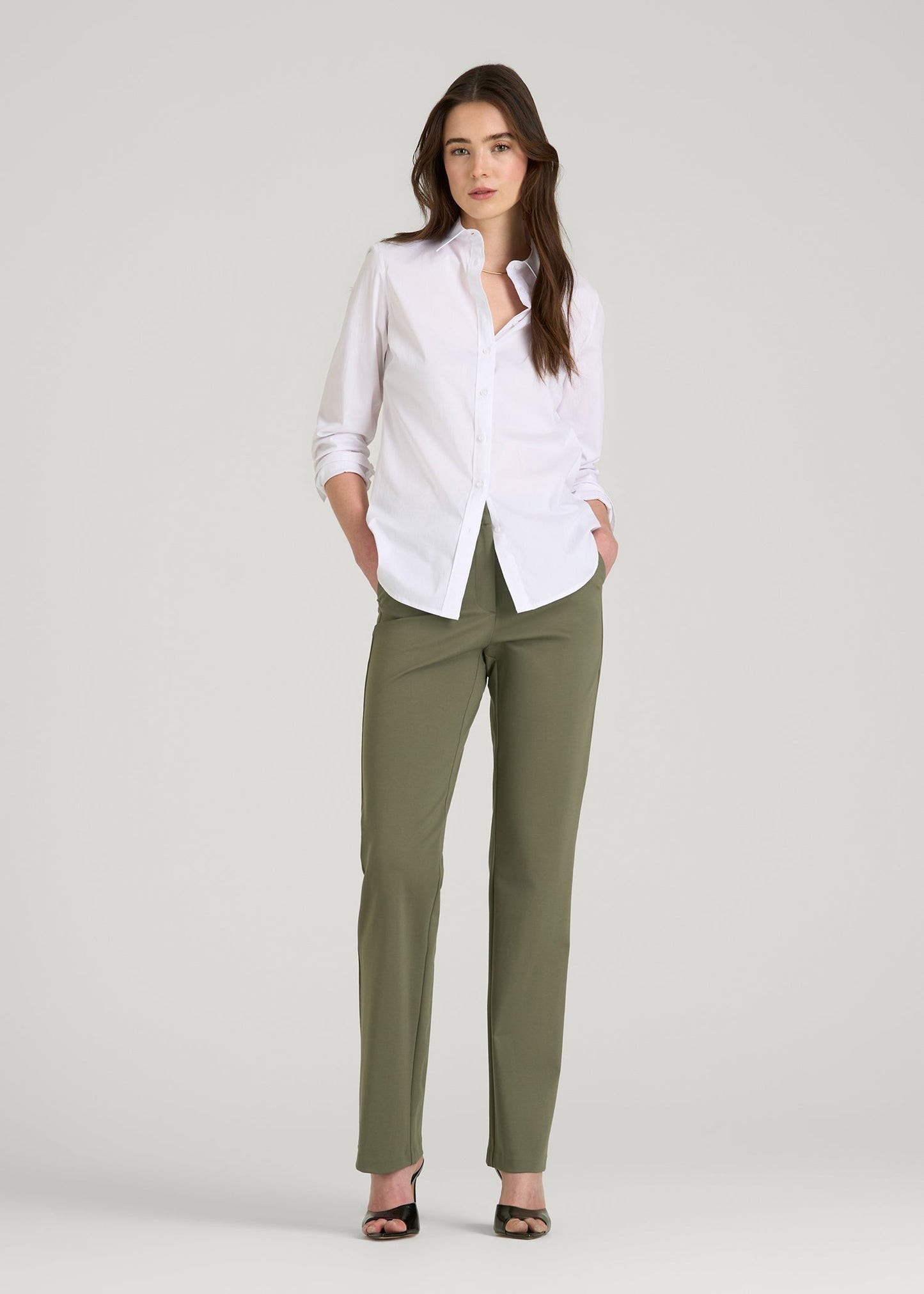 American Tall Women Freedom Flex Slim Straight Leg Dress Pants for Tall Women in Olive