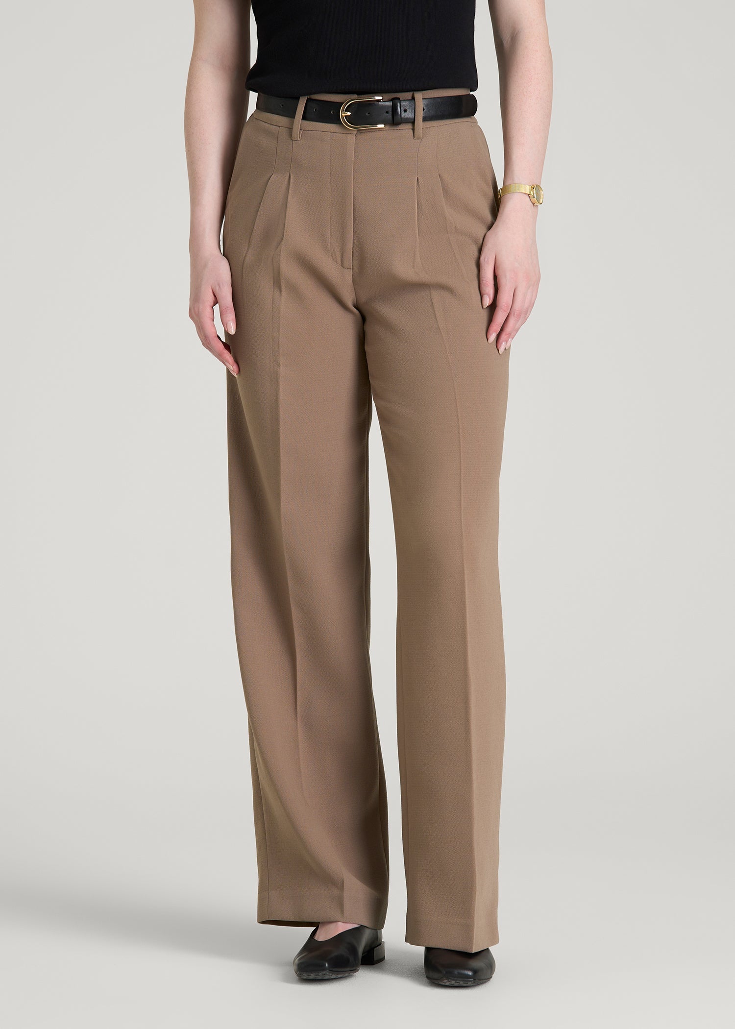 American Tall Women Wide Leg Pleated Dress Pants 2.0 for Tall Women in Warm Brown