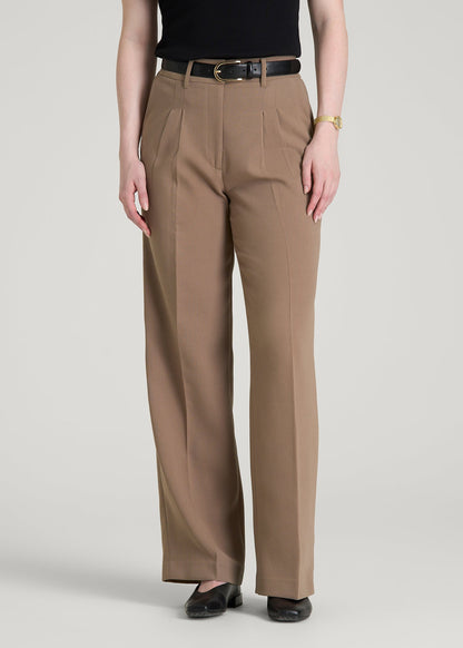 American Tall Women Wide Leg Pleated Dress Pants 2.0 for Tall Women in Warm Brown