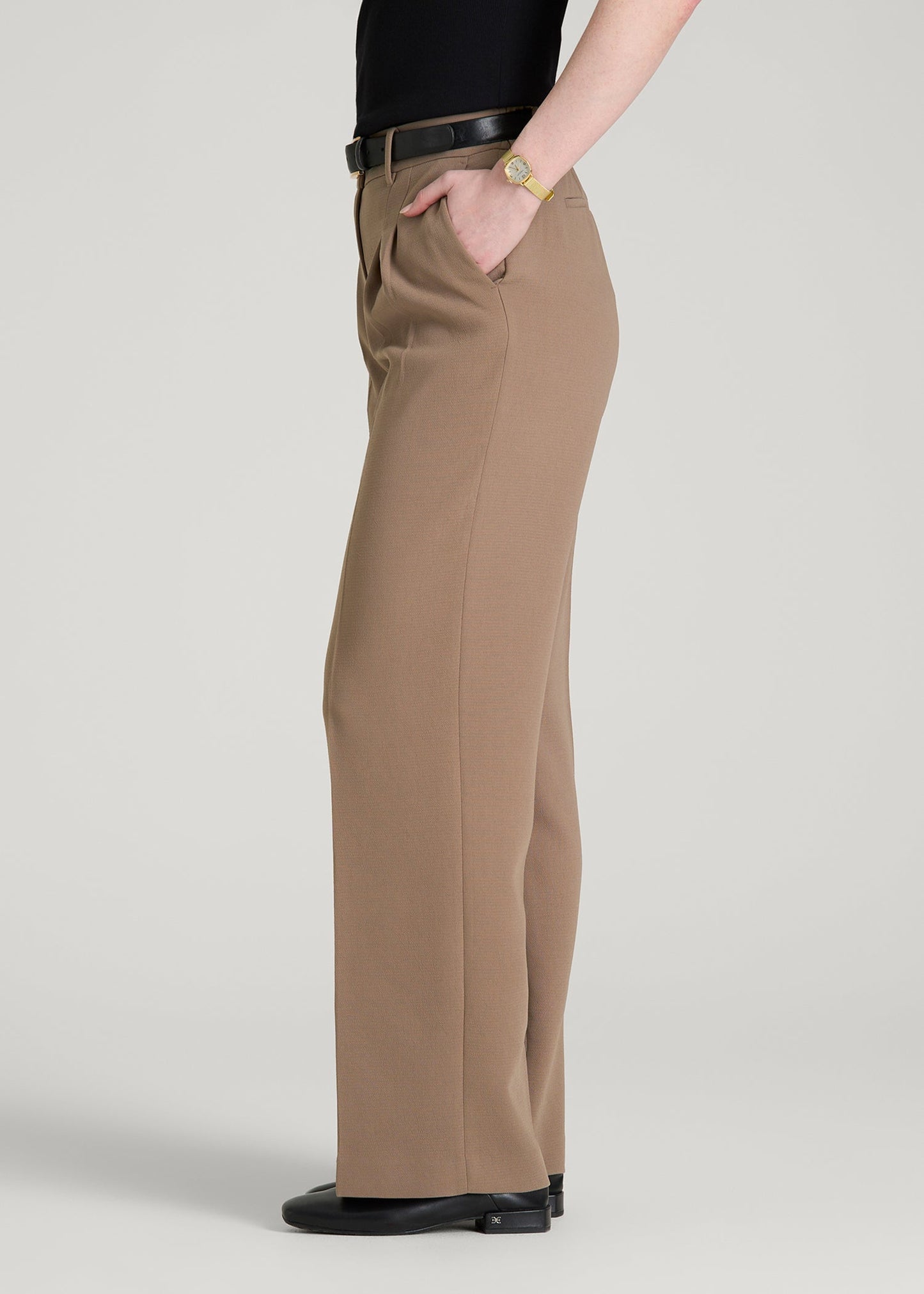 American Tall Women Wide Leg Pleated Dress Pants 2.0 for Tall Women in Warm Brown