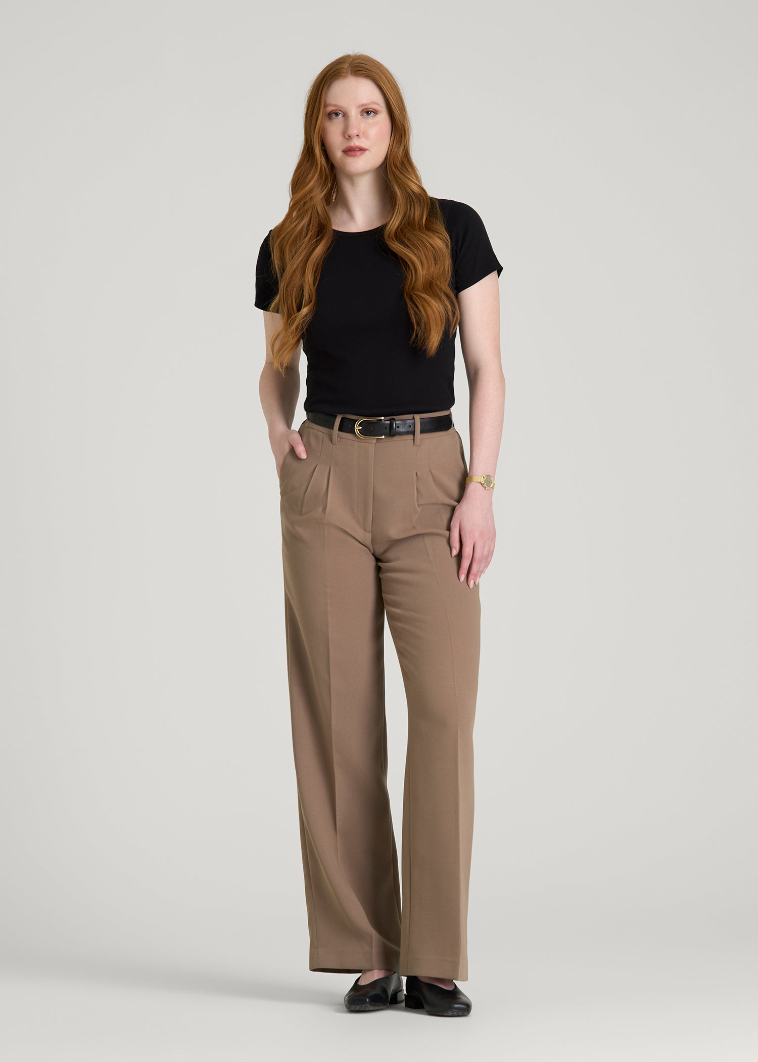 American Tall Women Wide Leg Pleated Dress Pants 2.0 for Tall Women in Warm Brown