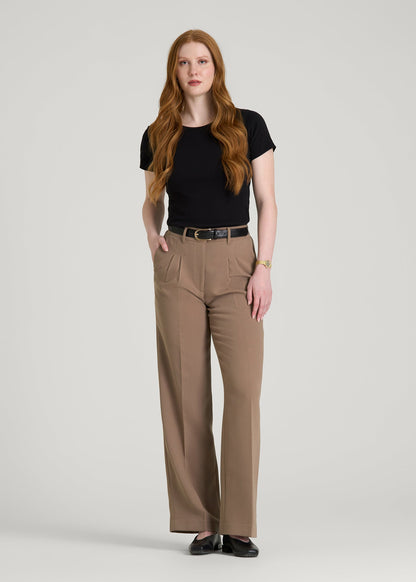 American Tall Women Wide Leg Pleated Dress Pants 2.0 for Tall Women in Warm Brown