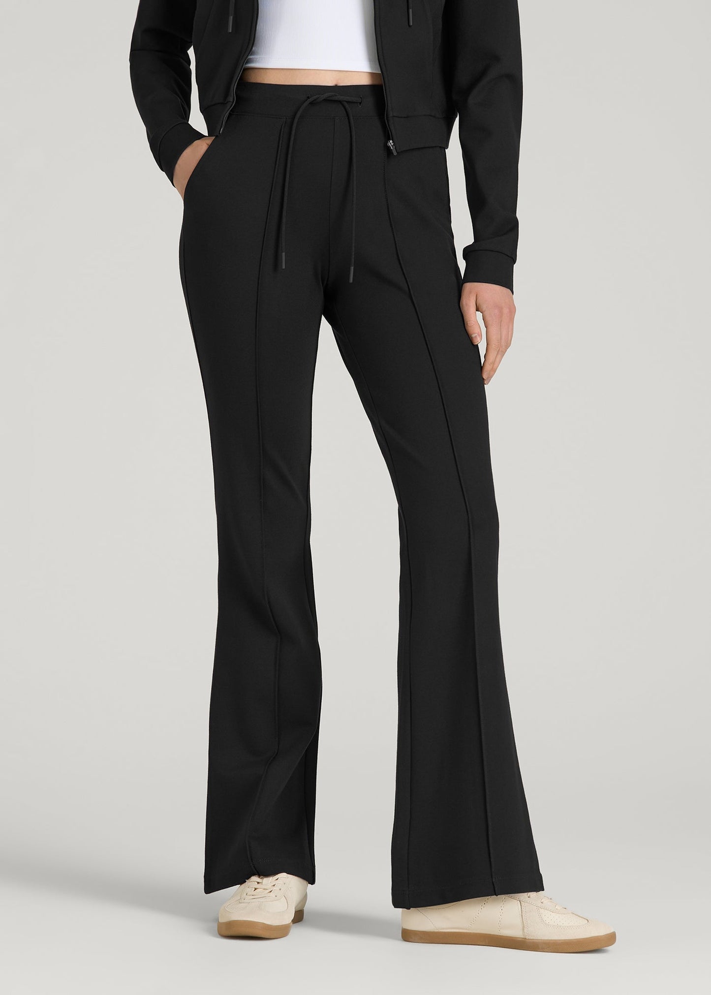 American Tall Women Soft Flex Ponte Flare Pants with Drawcord for Tall Women in Black