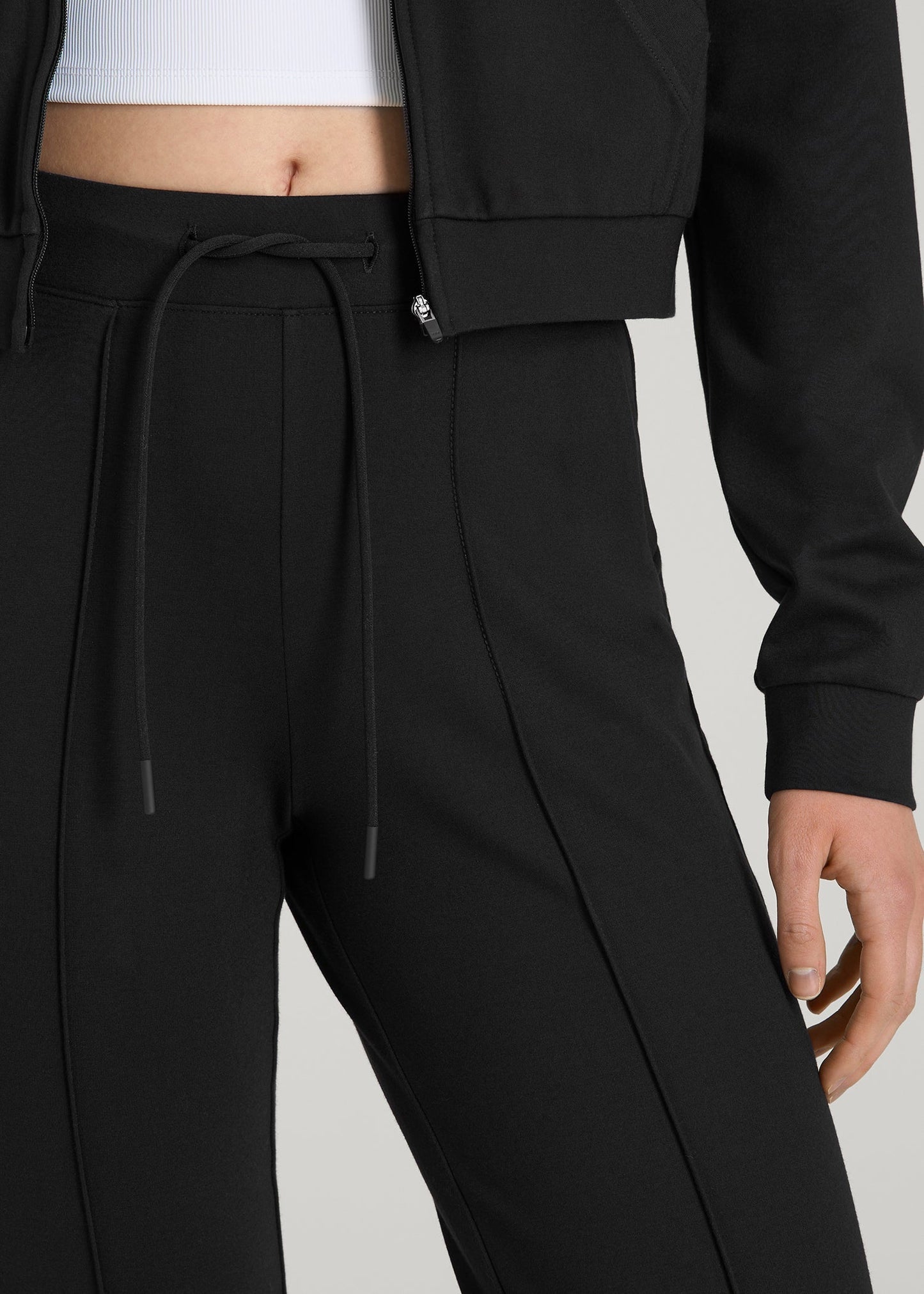 American Tall Women Soft Flex Ponte Flare Pants with Drawcord for Tall Women in Black