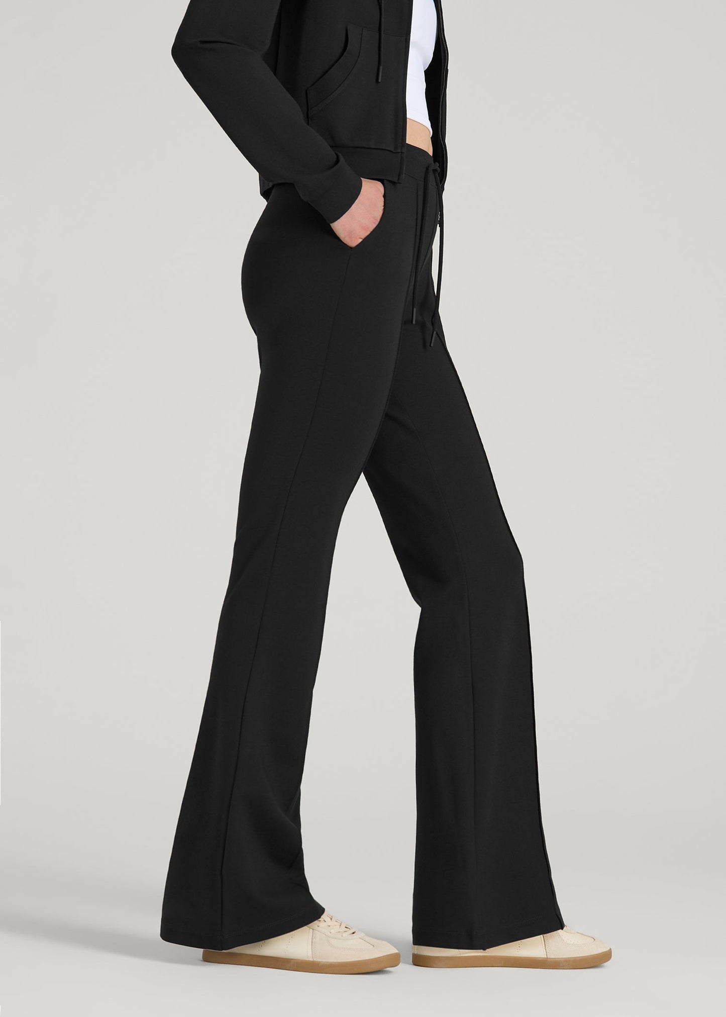 American Tall Women Soft Flex Ponte Flare Pants with Drawcord for Tall Women in Black