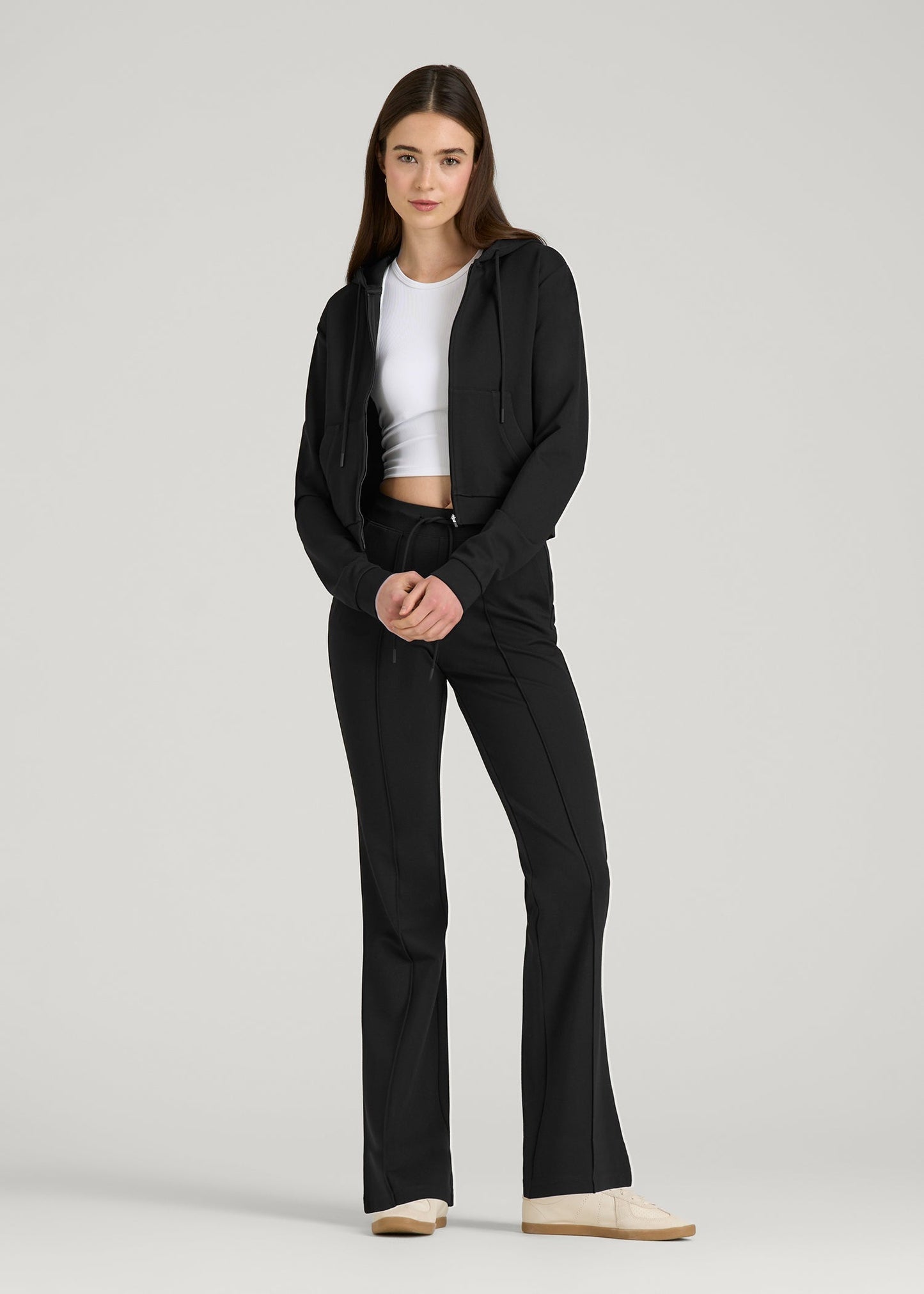 American Tall Women Soft Flex Ponte Flare Pants with Drawcord for Tall Women in Black