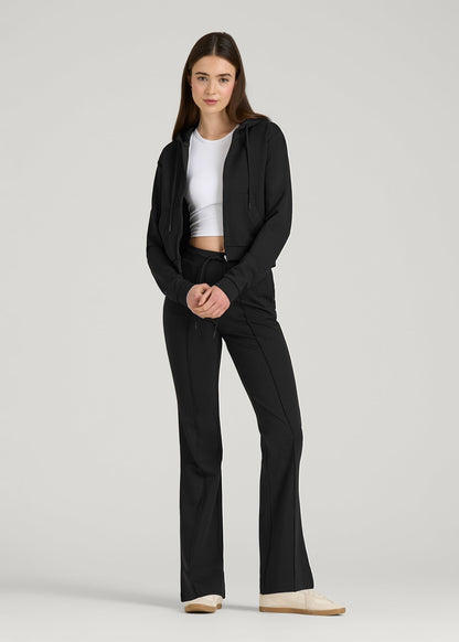American Tall Women Soft Flex Ponte Flare Pants with Drawcord for Tall Women in Black