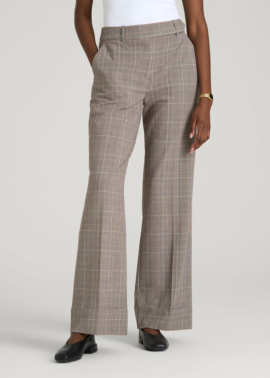 American Tall Women Wide-Leg Cuffed Pants for Tall Women in Espresso and Magenta Houndstooth