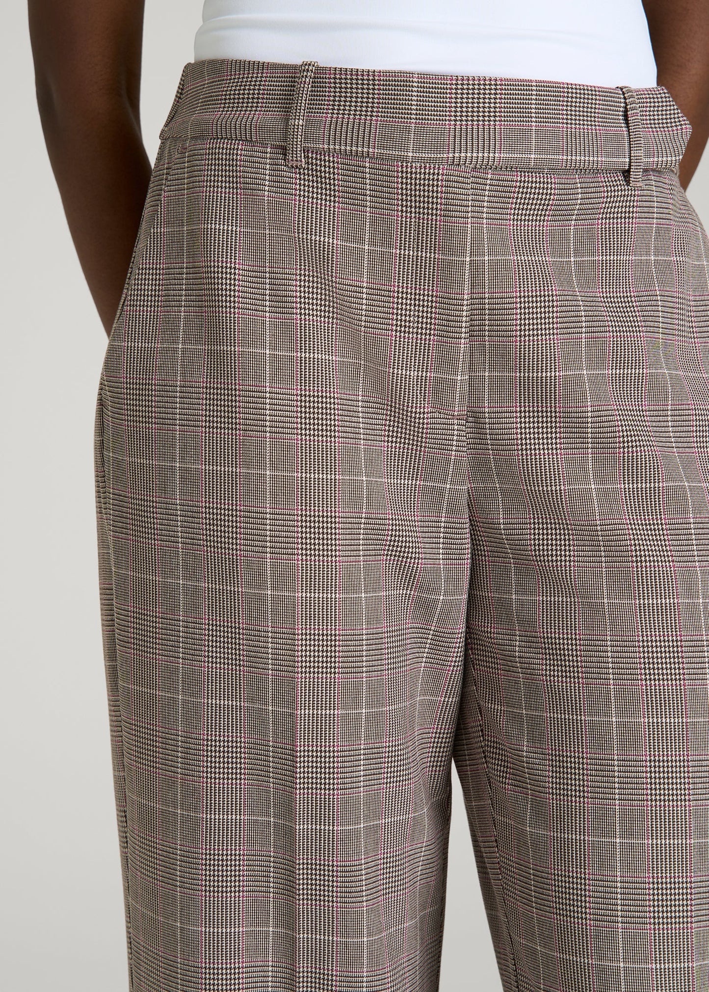American Tall Women Wide-Leg Cuffed Pants for Tall Women in Espresso and Magenta Houndstooth