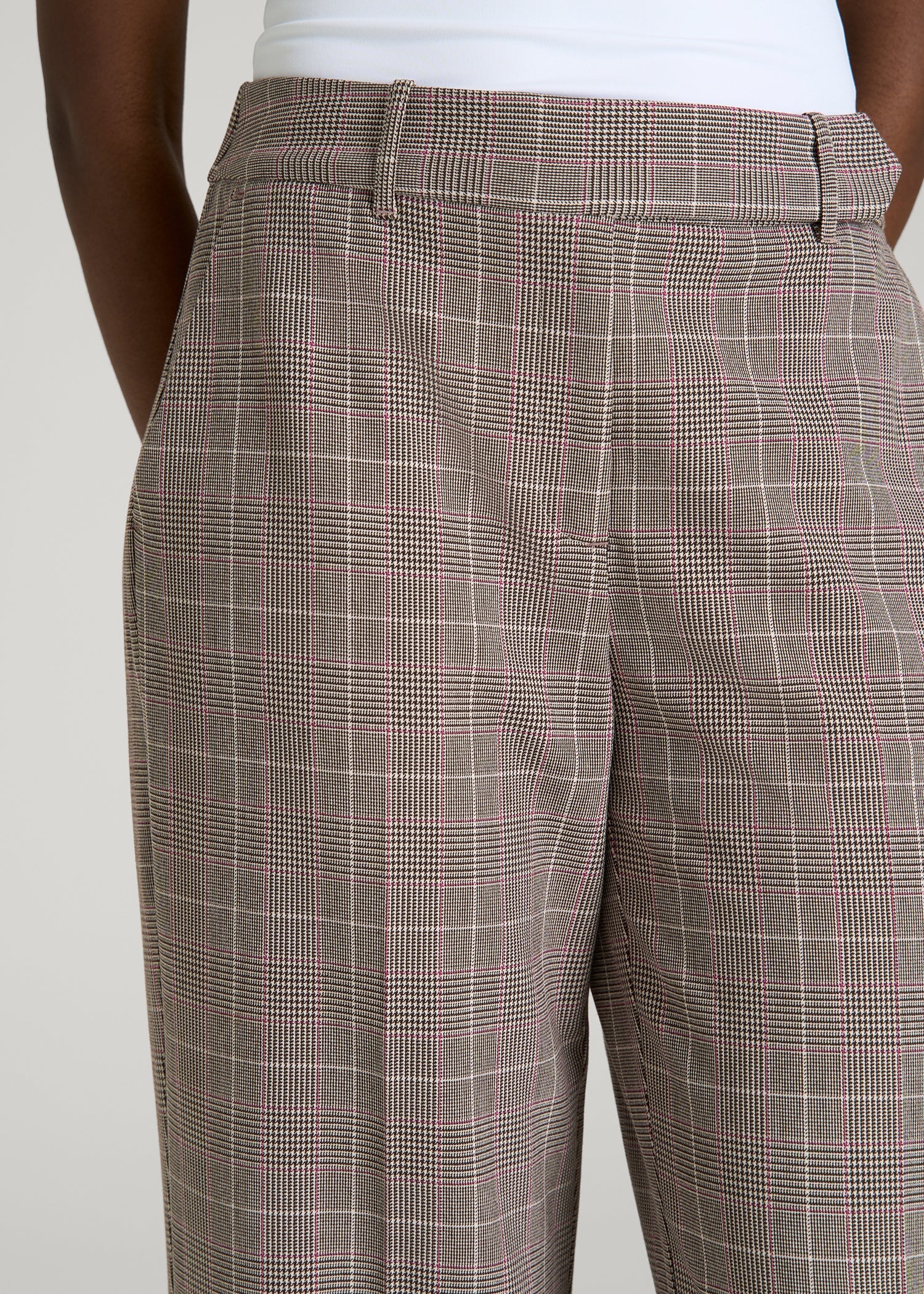 American Tall Women Wide-Leg Cuffed Pants for Tall Women in Espresso and Magenta Houndstooth