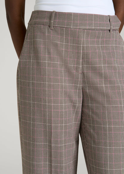 American Tall Women Wide-Leg Cuffed Pants for Tall Women in Espresso and Magenta Houndstooth