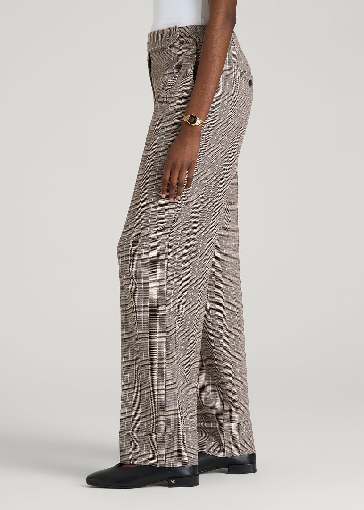American Tall Women Wide-Leg Cuffed Pants for Tall Women in Espresso and Magenta Houndstooth