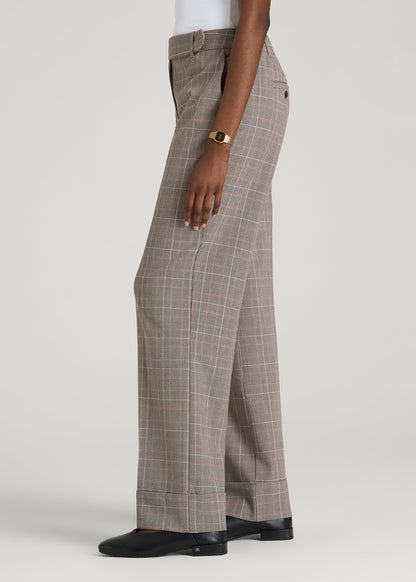 American Tall Women Wide-Leg Cuffed Pants for Tall Women in Espresso and Magenta Houndstooth