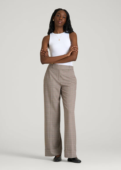 American Tall Women Wide-Leg Cuffed Pants for Tall Women in Espresso and Magenta Houndstooth