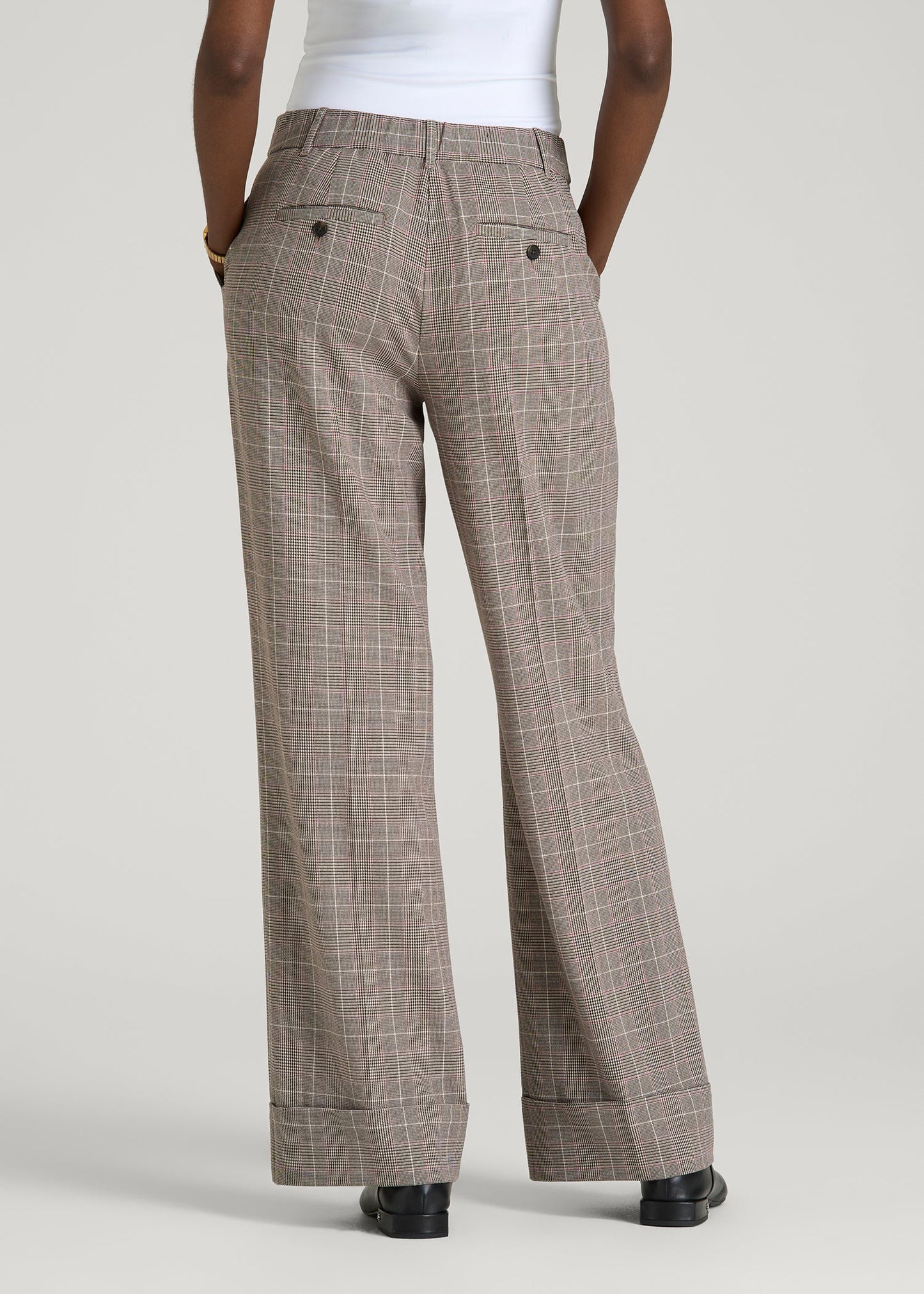 American Tall Women Wide-Leg Cuffed Pants for Tall Women in Espresso and Magenta Houndstooth