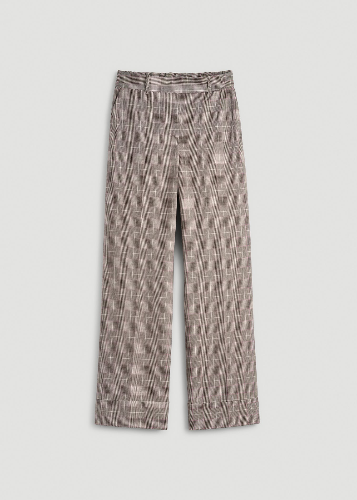 American Tall Women Wide-Leg Cuffed Pants for Tall Women in Espresso and Magenta Houndstooth