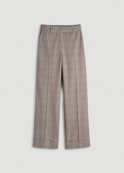 American Tall Women Wide-Leg Cuffed Pants for Tall Women in Espresso and Magenta Houndstooth