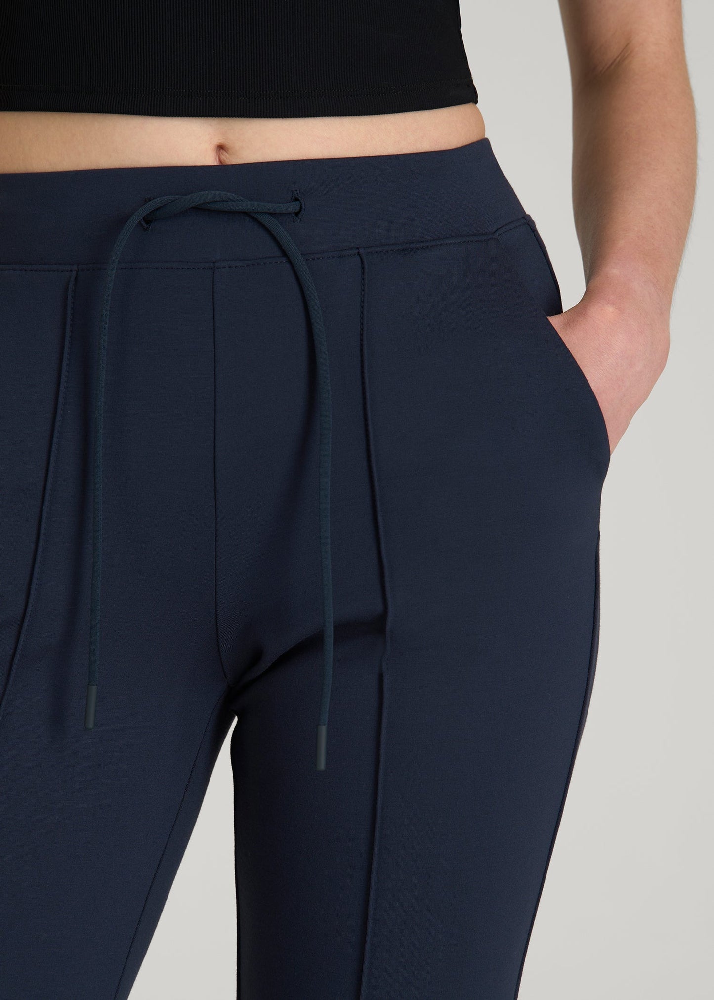 American Tall Women Soft Flex Ponte Flare Pants with Drawcord for Tall Women in Navy