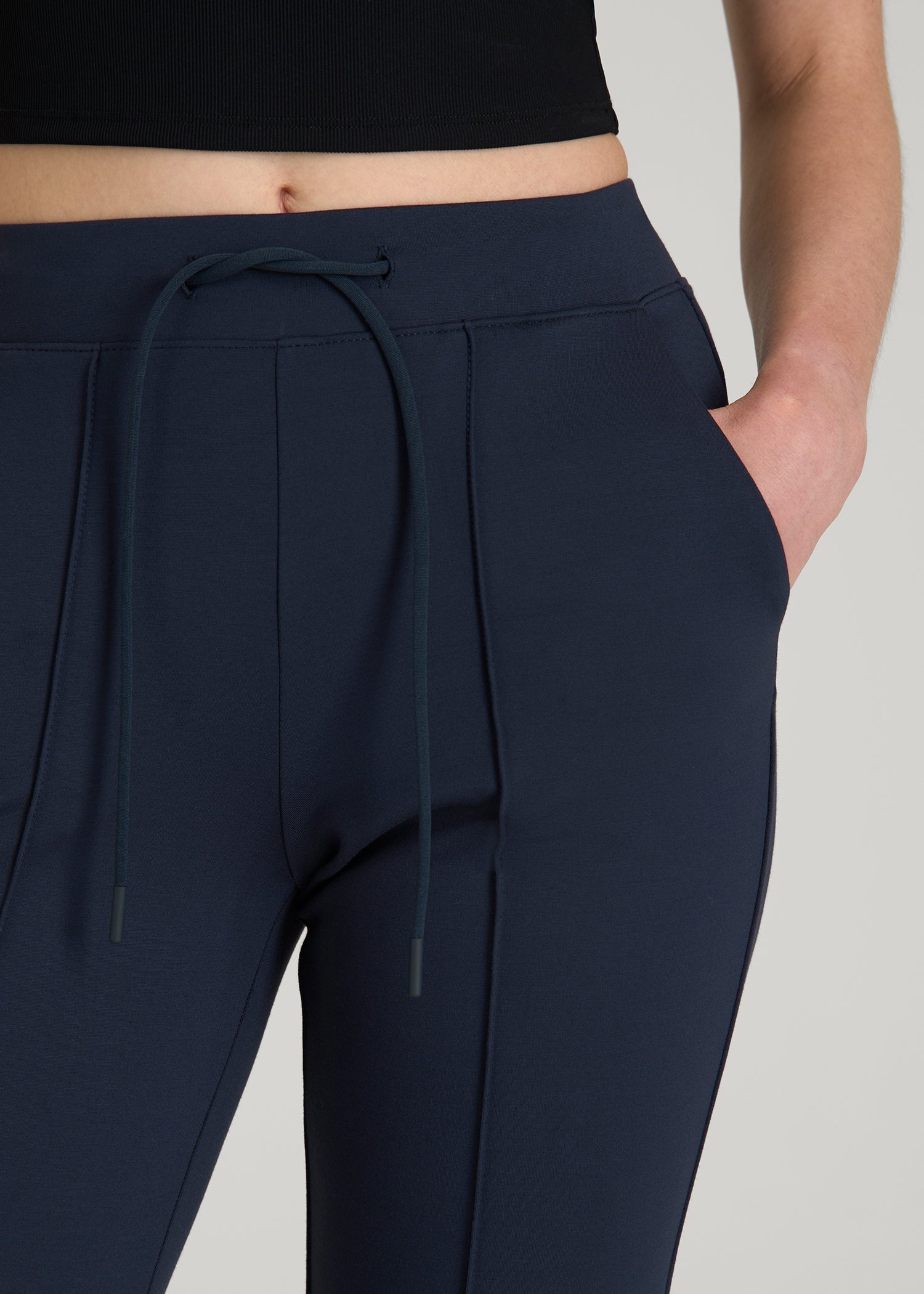 American Tall Women Soft Flex Ponte Flare Pants with Drawcord for Tall Women in Navy