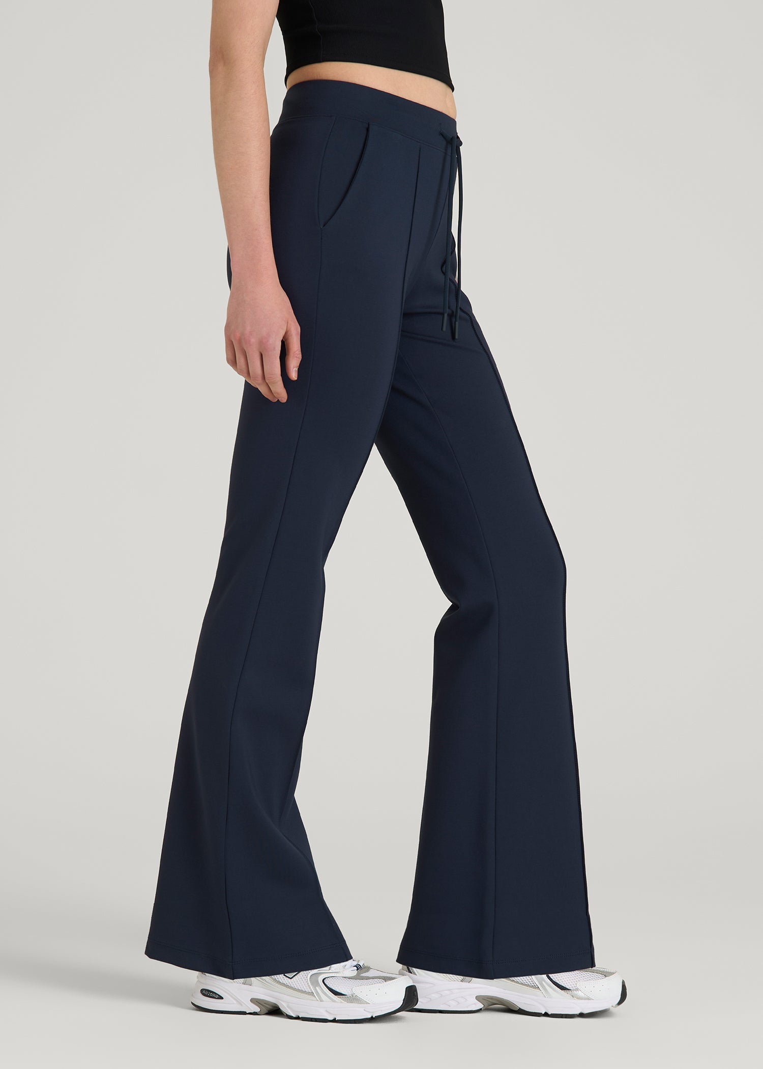 American Tall Women Soft Flex Ponte Flare Pants with Drawcord for Tall Women in Navy