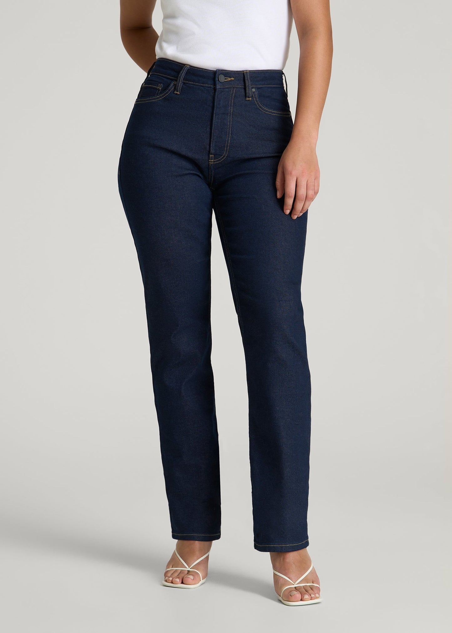 American Tall Women Curve High Rise Straight Leg Jeans for Tall Women in Deep Indigo Wash