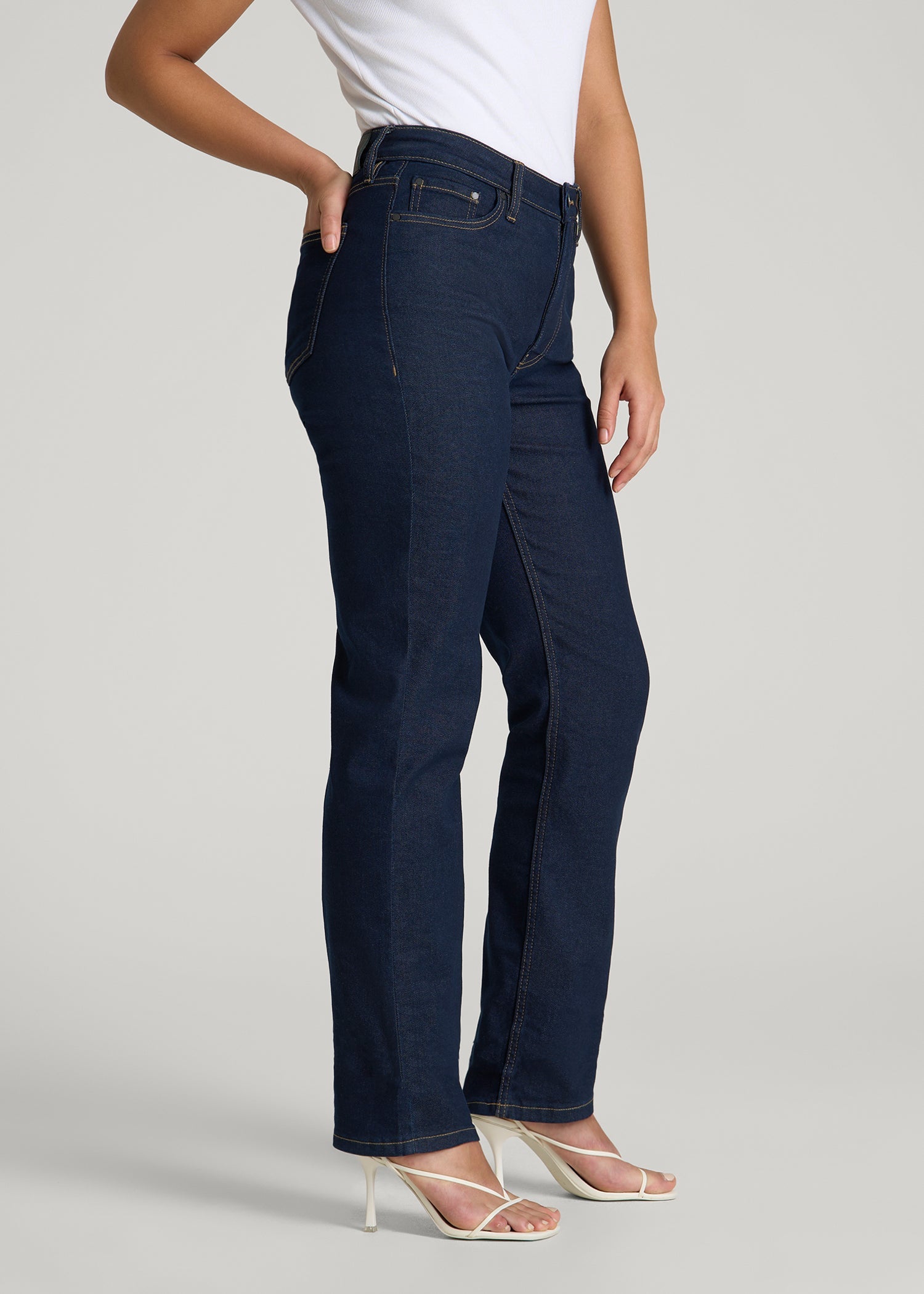 American Tall Women Curve High Rise Straight Leg Jeans for Tall Women in Deep Indigo Wash
