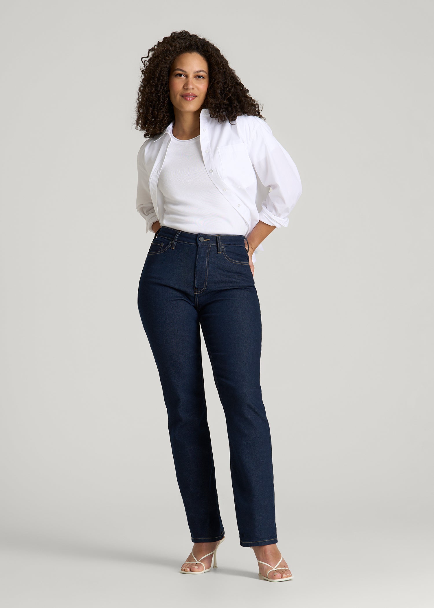 American Tall Women Curve High Rise Straight Leg Jeans for Tall Women in Deep Indigo Wash