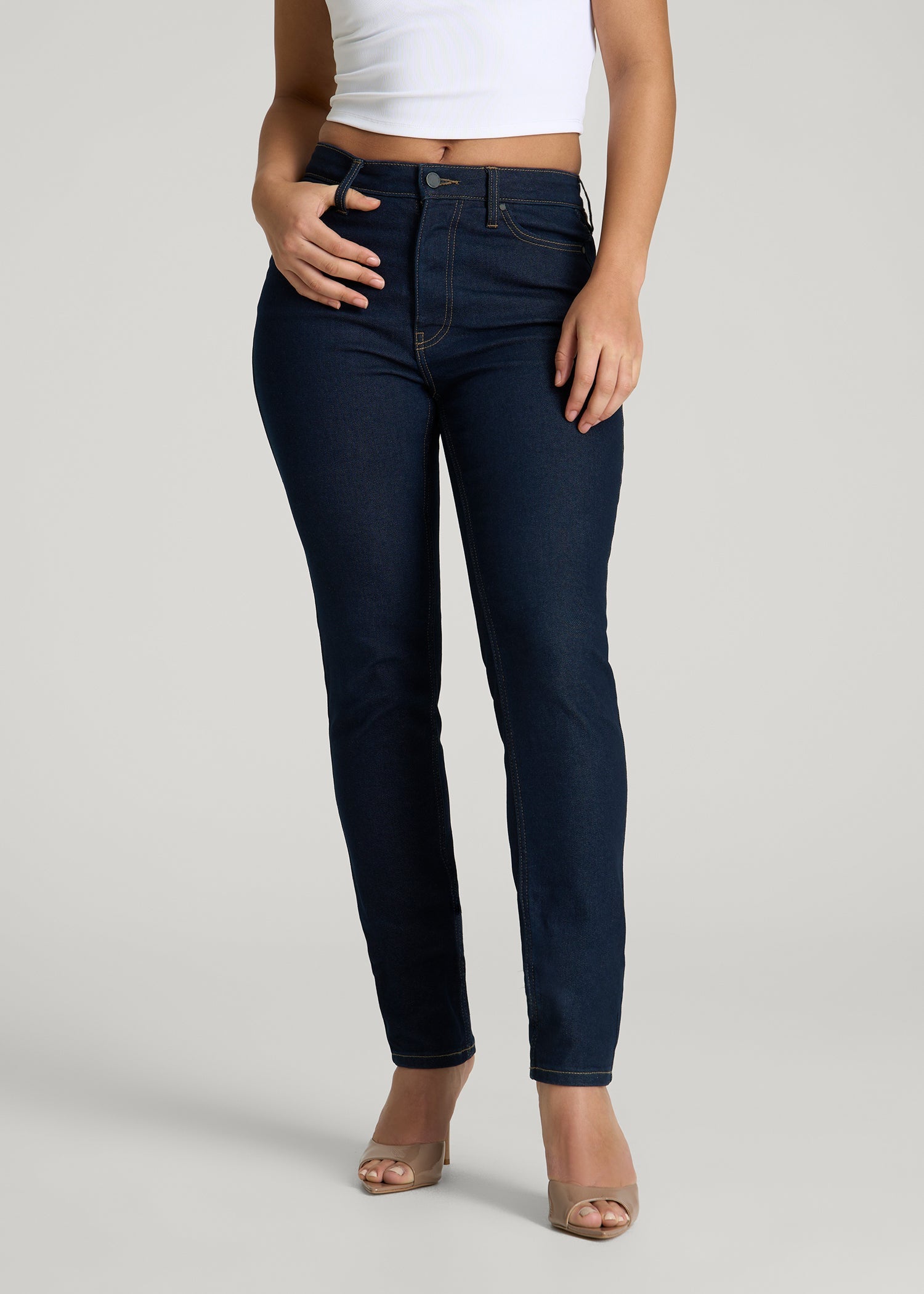 American Tall Women Curve High Rise Skinny Leg Jeans for Tall Women in Deep Indigo Wash