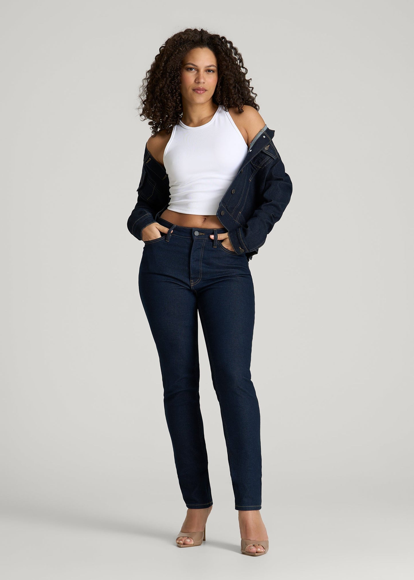 American Tall Women Curve High Rise Skinny Leg Jeans for Tall Women in Deep Indigo Wash