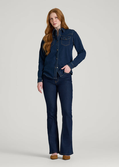 American Tall Women Chloe High Rise Flare Jeans for Tall Women in Deep Indigo Wash