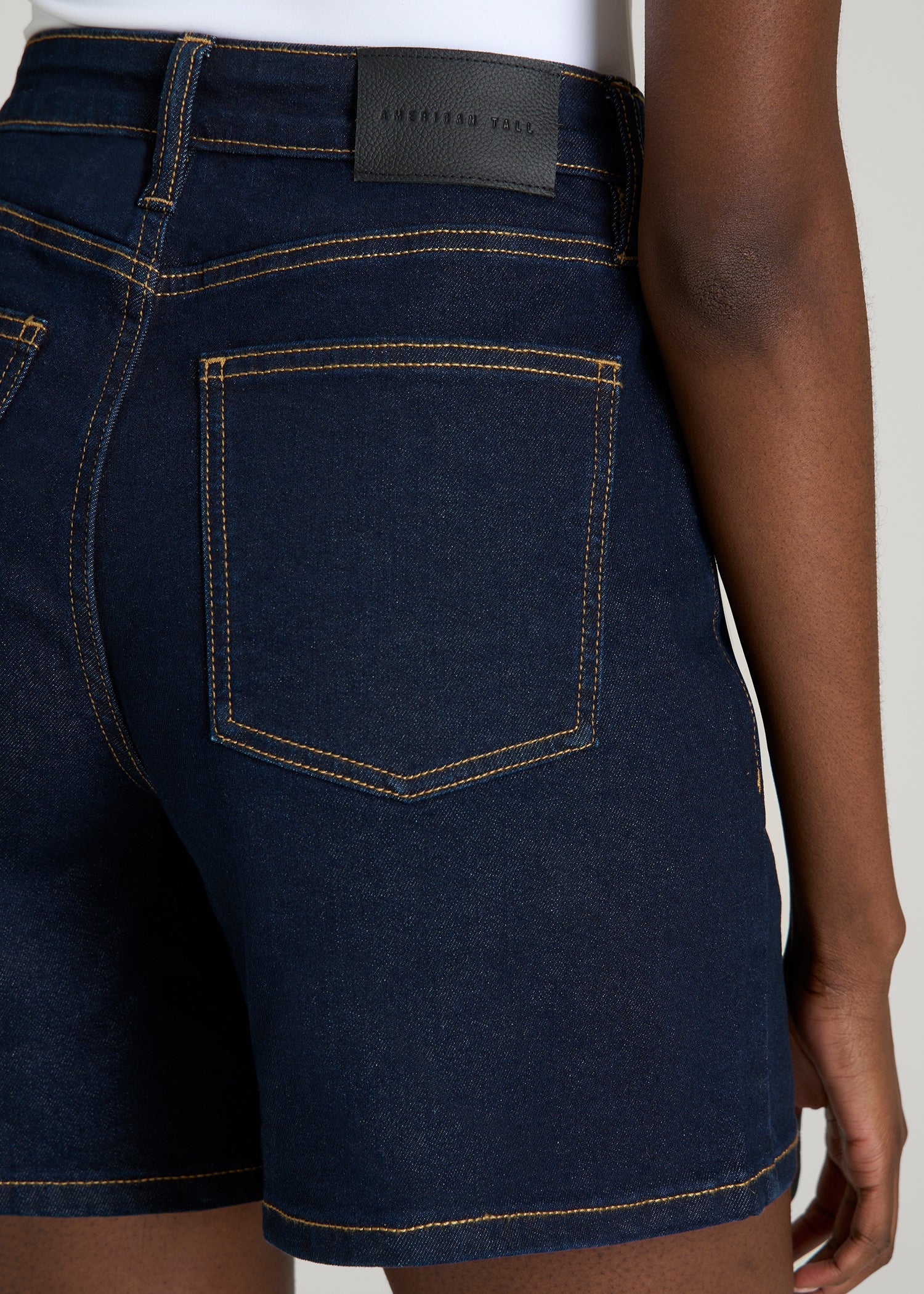 American Tall Women Stretch Denim Shorts for Tall Women in Deep Indigo Wash