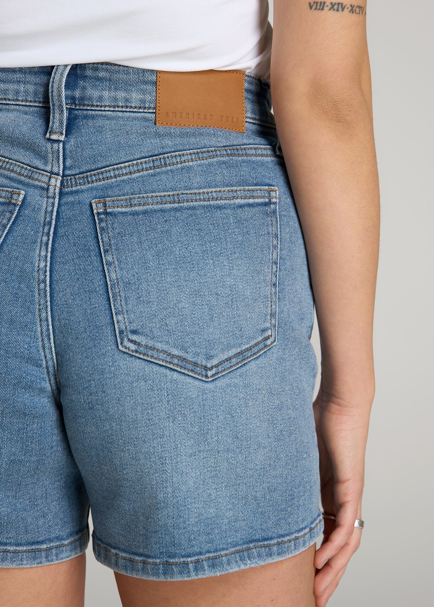 American Tall Women High Rise Denim Shorts for Tall Women in Heritage Faded