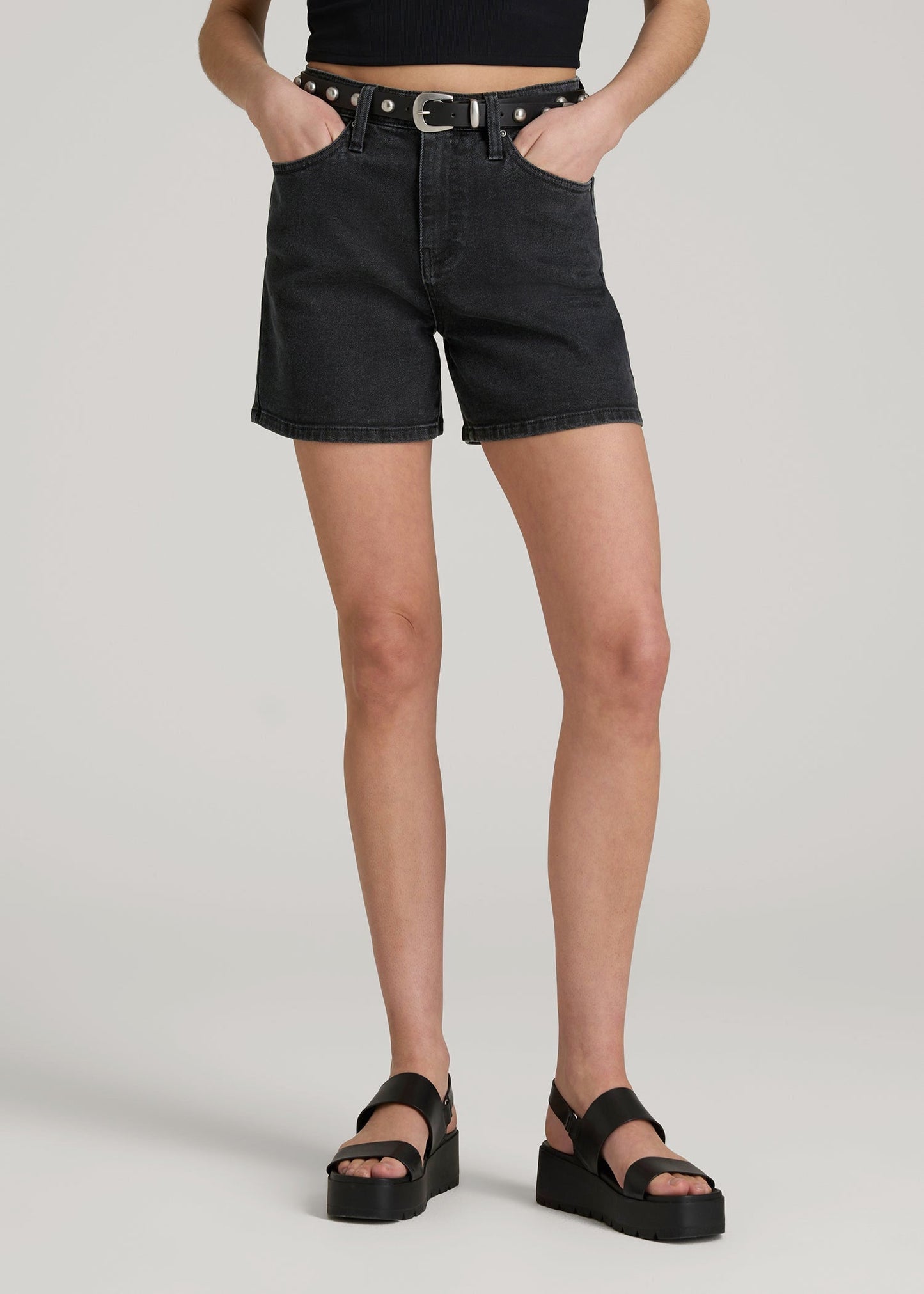 American Tall Women|Men High Rise Denim Shorts for Tall Women in Onyx Black Wash