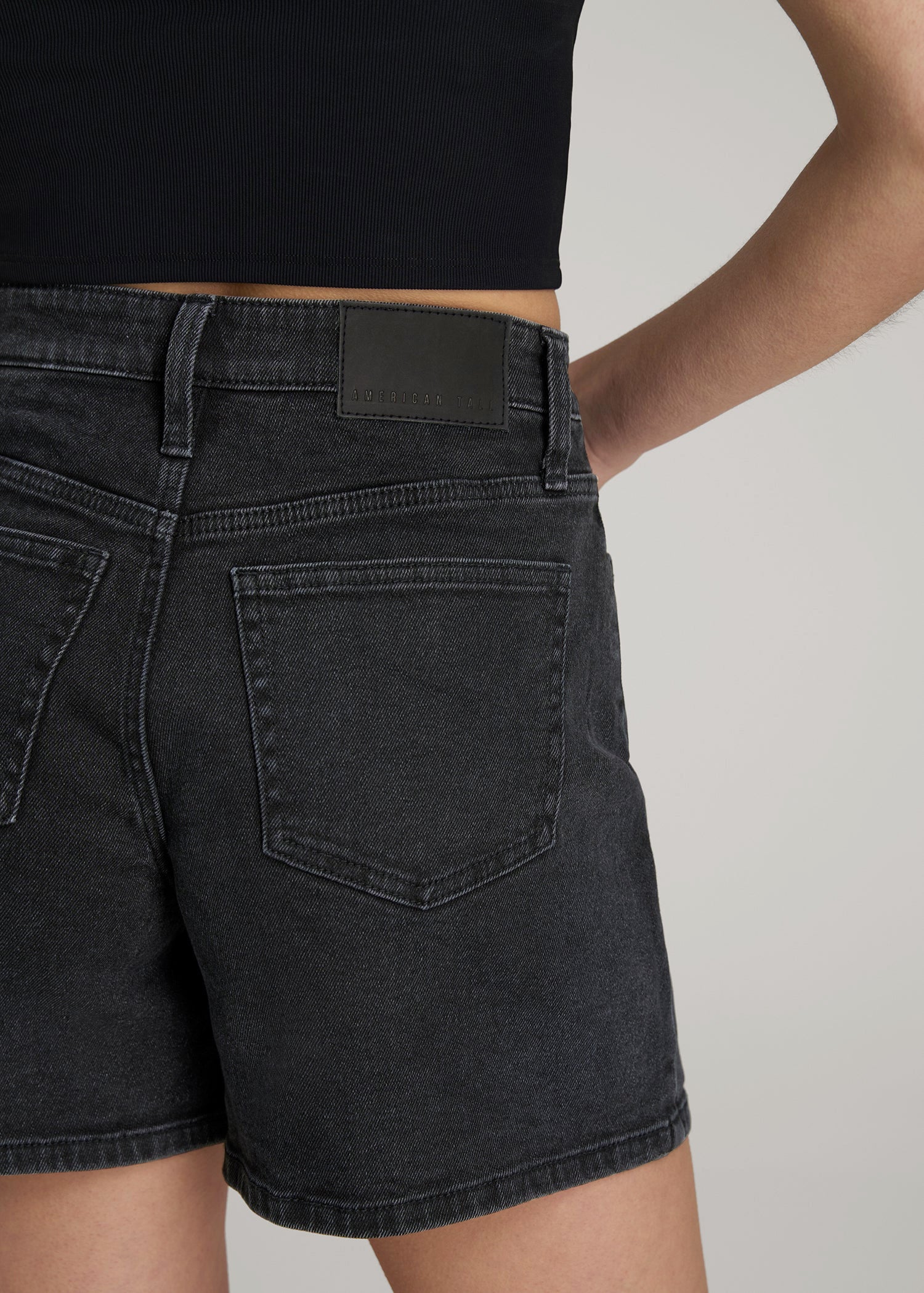 American Tall Women|Men High Rise Denim Shorts for Tall Women in Onyx Black Wash