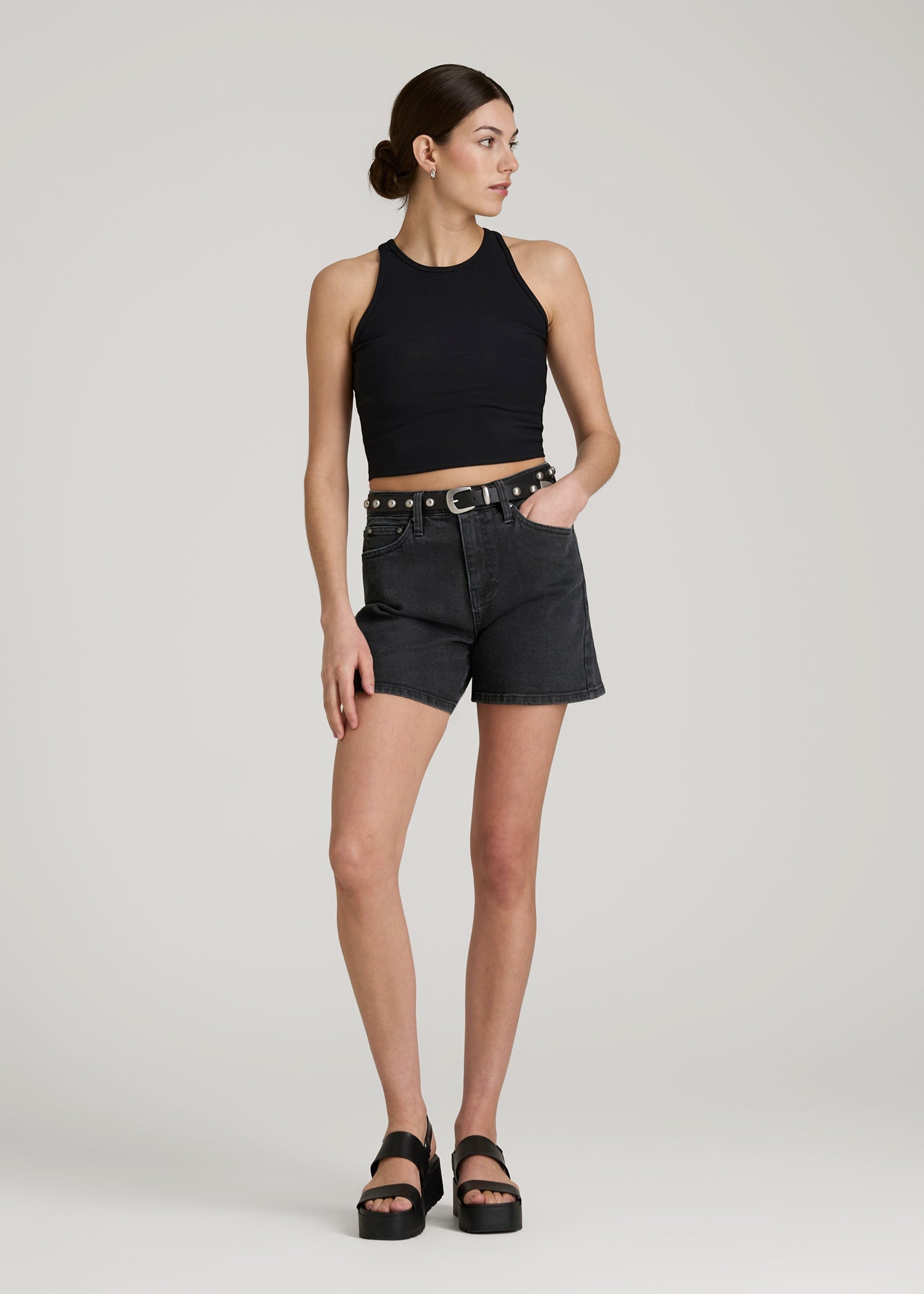 American Tall Women|Men High Rise Denim Shorts for Tall Women in Onyx Black Wash