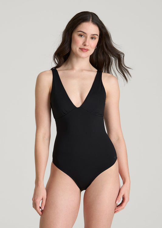 American Tall Women Classic V-Neck One Piece Swimsuit for Tall Women in Deep Black