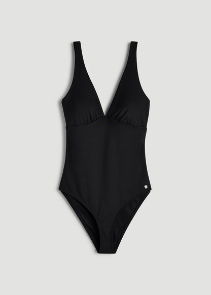 American Tall Women Classic V-Neck One Piece Swimsuit for Tall Women in Deep Black