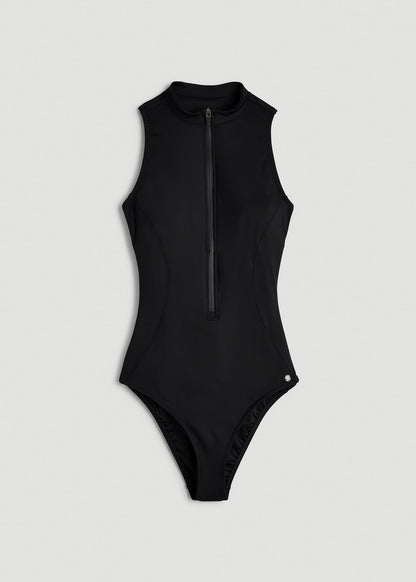American Tall Women Quarter Zip Cinched One Piece Swimsuit for Tall Women in Deep Black
