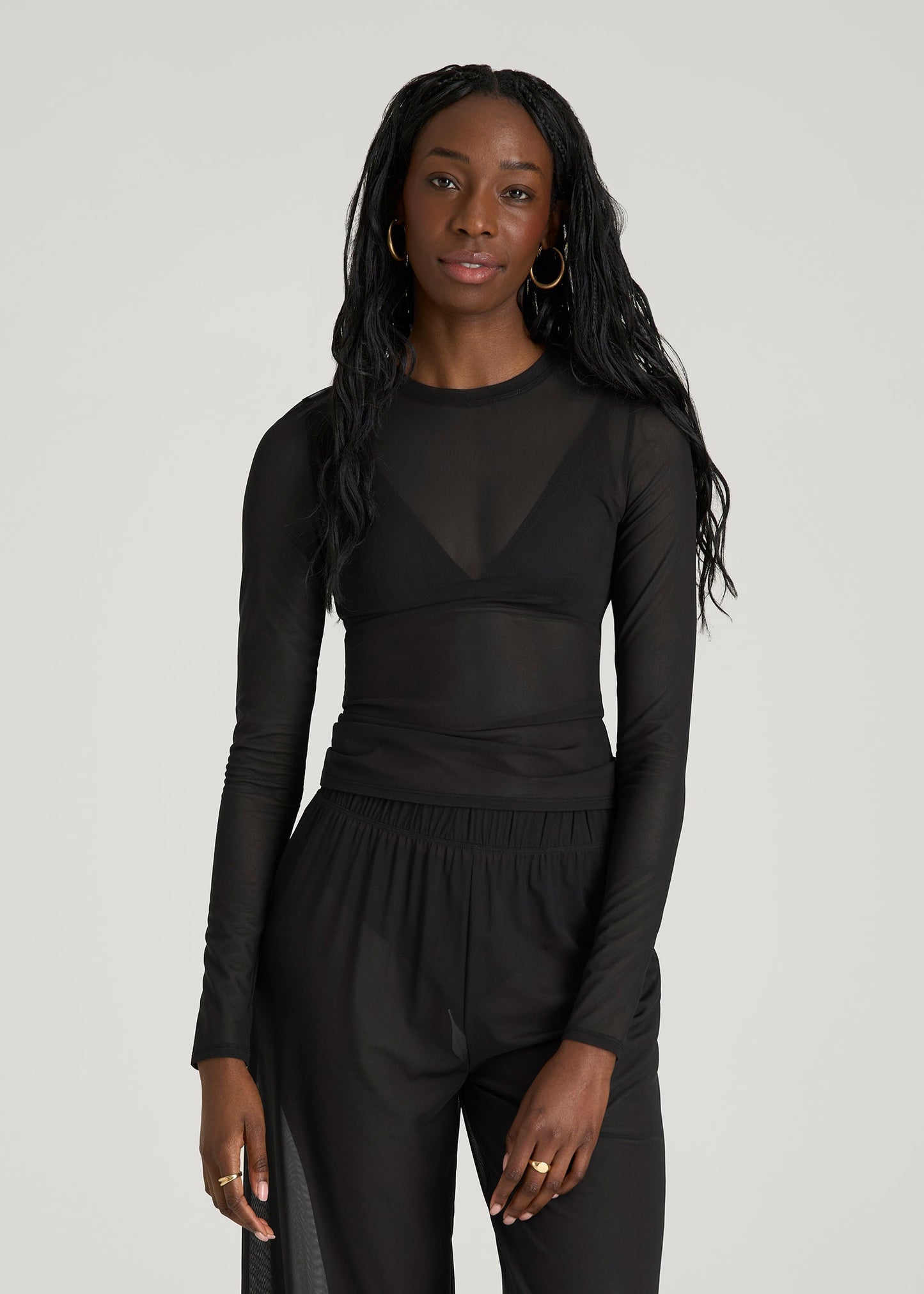 American Tall Women Power Mesh Fitted Long Sleeve Top for Tall Women in Deep Black