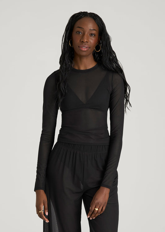 American Tall Women Power Mesh Fitted Long Sleeve Top for Tall Women in Deep Black