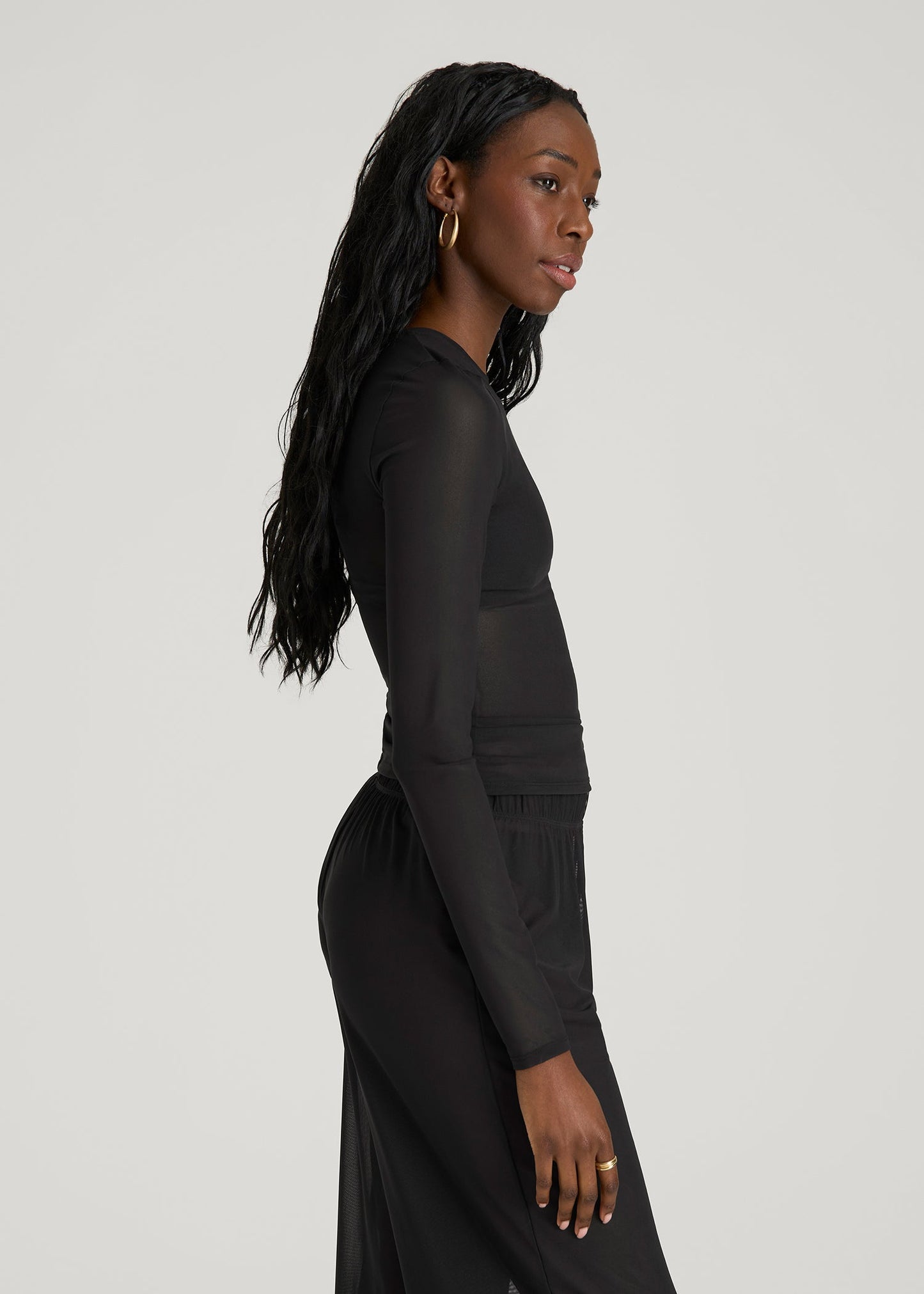 American Tall Women Power Mesh Fitted Long Sleeve Top for Tall Women in Deep Black