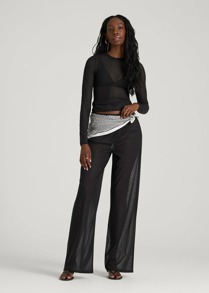 American Tall Women Power Mesh Fitted Long Sleeve Top for Tall Women in Deep Black